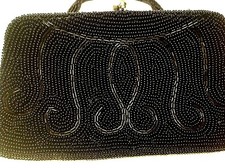 Deliziosa MINI BORSETTA da SERA Ricamo a perline vetro nero VINTAGE interno raso