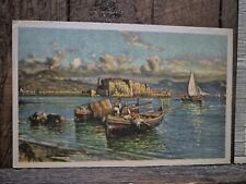 NAPOLI CASTELLO DELL' OVO  CARTOLINA NV PITTORE CARELLI ACQUERELLO BARCHE- M1
