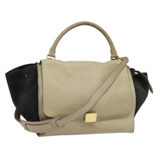 CELINE Borsa a mano trapezio pelle scamosciata 2 vie beige nero oro Autentica bs28736