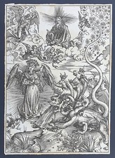 Stampa antica copia XIX sec Durer Apocalisse donna drago 7 teste heliogravure
