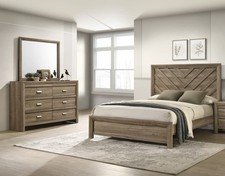 3pc Light Brown Full Size Chevron-pattern Panel Bed Dresser Mirror Bedroom Set