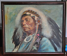 Quadro Pittura Su Tela Firmato T.DENVER Ritratto Di Un Capo Indiano Collezione