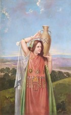 Antico grande dipinto ad olio italiano firmato 1909 Ritratto di donna il samaritano