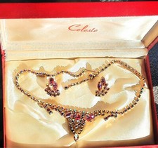 Parure Vintage  Collana e Orecchini con strass multicolor e scatola, anni 40