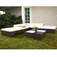 XXL POLY RATTAN SALOTTO LOUNGE MARRONE + CUSCINI + TAVOLO VETRO DECORAZIONE CASA