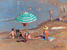 Dipinto Olio  Marina Bagnanti Costa Tirrenica Giacomo Vaccaro cm 20 x 15