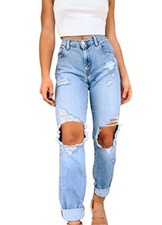 Jeans donna strappati vita alta larghi morbidi sexy ragazza colore blu L.94397