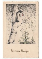 1955 albero casetta per uccelli pettirosso cartolina d'epoca Buona Pasqua