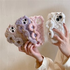 3D Winter Warm Furry Plush Wristband Case for iPhone 15 Plus 14 Pro Max 11 12 13