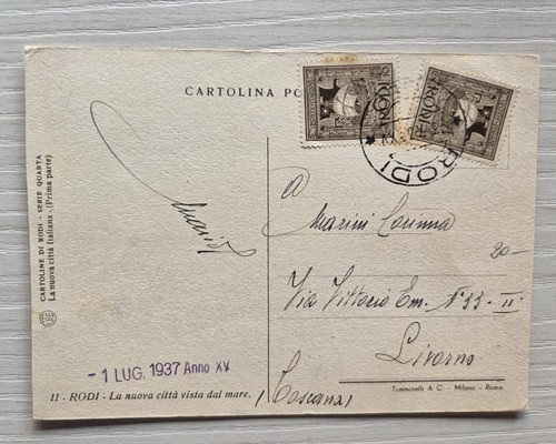 Cartolina regno egeo rodi 1937 - egeo,