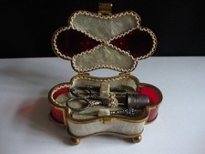 Sweet Antique miniature  child's? Palais Royal? sewing etui with silver tools