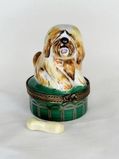 Lhasa Apso Cane con Osso, Scatola Porcellana Chamart Limoges, Francia 🇫🇷