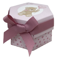 BOMBONIERA ASTUCCIO ORSETTO ESAGONALE ROSA CON CONFETTI CERIMONIE FESTE - 17856