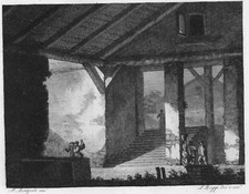 ATRIO RUSTICO DI CAMPAGNA, di L. RUGGI , incisione a bulino, 1830 + passepartout