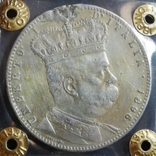 RARA - TALLERO UMBERTO I - 5 LIRE 1896 PERIZIATA - DORATA EX MONTATURA - ERITREA