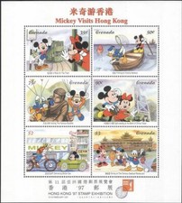 Grenada 1997 Disney Topolino Minnie Buddha Tram Bicicletta Pesca Timbro Ex sht MNH