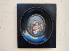 ANTICA MINIATURA OVALE RITOUCHÉ MADONNA DELLA SEGGIOLA FIRMATA CORNICE IN LEGNO