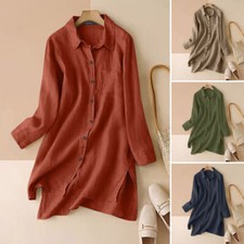 T-shirt donna in lino di cotone camicetta maniche lunghe con bottoni top fare ▽