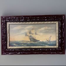 quadro dipinto a olio su tavola nave veliero mare con cornice stile antico 900 C