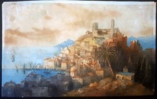 Acquerello antico anonimo 1872 veduta cannes francia datato costa azzurra