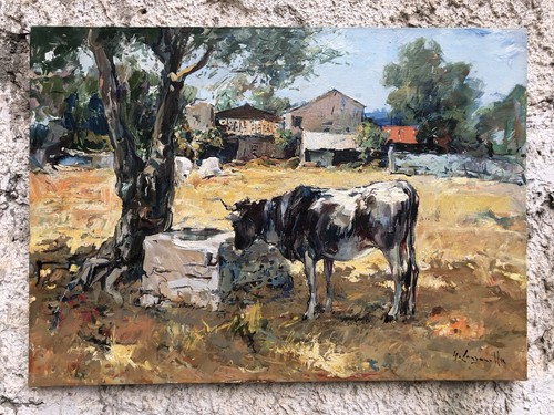 Quadro paesaggio con mucca - -paesaggio,