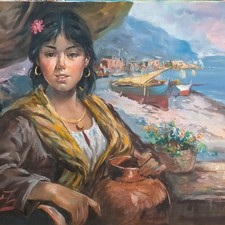 Quadro Olio tela Lopez Ornella  Napoli Costiera Amalfi Ragazza Panorama Marina