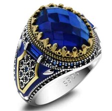Anello Uomo in Argento 925 Massiccio con Pietra Blu Placcato Oro Chevalier Tondo