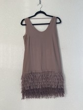 Brunello Cucinelli Silk Knee-Length Fringe Sleeveless Champagne Dress Size Small