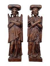 *HH* Coppia Antiche Stulture Legno Angeli Putti Religiosi Statua Colonna Sacra