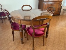 Tavolo rotondo piemontese del 1800 allungabile con 6 sedie tappezzate