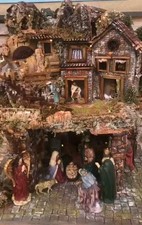 Presepe artigianale  con Personaggi h 15cm-Luci Led-Mulino  Acqua 55x45xh58cm