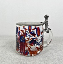 VECCHIO BOCCALE DA BIRRA VETRO LAVORATO E DECORATO A MANO COPERCHIO IN PELTRO