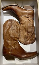 Stivali Donna Camperos Texani Mezza Gamba Marroni di Pelle Ricamati Tacco Basso