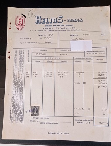 Fattura 1957 helios gomma - 1957,