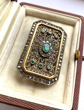 Spilla Rettangolare '50/'60 stile antico Oro Giallo Argento Smeraldo Diamanti