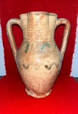 Antica anfora a 2 manici in ceramica smaltata con decoraz. verdi - Caltagirone