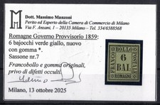 C40 ASI 1859 GOVERNO ROMAGNE francobollo 6 Baiocchi verde giallo MH* CERT  