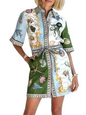 Abito donna manica corta con cintura in lino cardigan cravatta estivo casual floreale3430