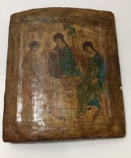 ? Antica icona dipinta su tavola 47 X 39 cm “ La Trinità “ del XVIII secolo