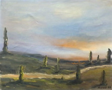 Dipinto ad olio su tela, paesaggio, datato 1968, firmato Pagani cm 50 x 40