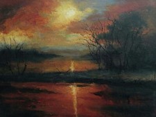 Riflessi dorati: originale 13,8 x 17,7 arte acrilica tramonto su tavola di tela