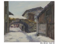 PAESAGGIO INVERNALE NEVE QUADRO AD OLIO VEDUTA VILLAGGIO ALPI PIEMONTE - X2