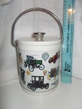 BISCOTTIERA SECCHIELLO PORTAGHIACCIO SCATOLA LATTA DECORO MARCHI E AUTO D'EPOCA 