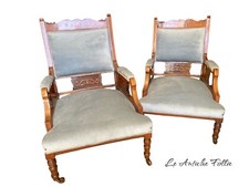 Coppia di Poltrone Antiche Stile Inglese "Lui e Lei" in Legno Intarsiato rotelle