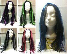 CARNEVALE HALLOWEEN PARRUCCA LISCIA LUNGA 50 CM NERA MECHES FLUO HT531