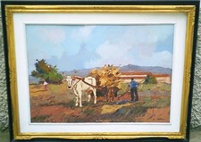 ALFONSO PAPI - BUE AL CARRO IN CAMPAGNA - VECCHIO, GRANDE QUADRO DIPINTO OLIO