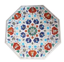 Tavolino In Marmo 18" Con Incastro Di Pietre Semipreziose Lavorato A Mano