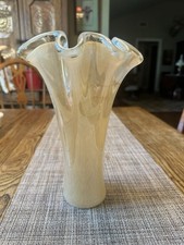 Bellissimo vaso nastro increspato oro giallo vetro italiano Murano 10” soffiato a mano