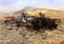 Dipinto olio uomo cavallo mucca in paesaggio bufalo-caccia-carlo-marione-russell-arte