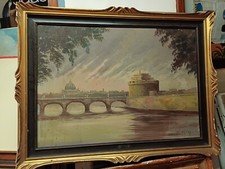 QUADRO VEDUTA DI ROMA CASTEL SANT ANGELO OLIO SU TAVOLA FIRMATO D. HEURY 84x64CM